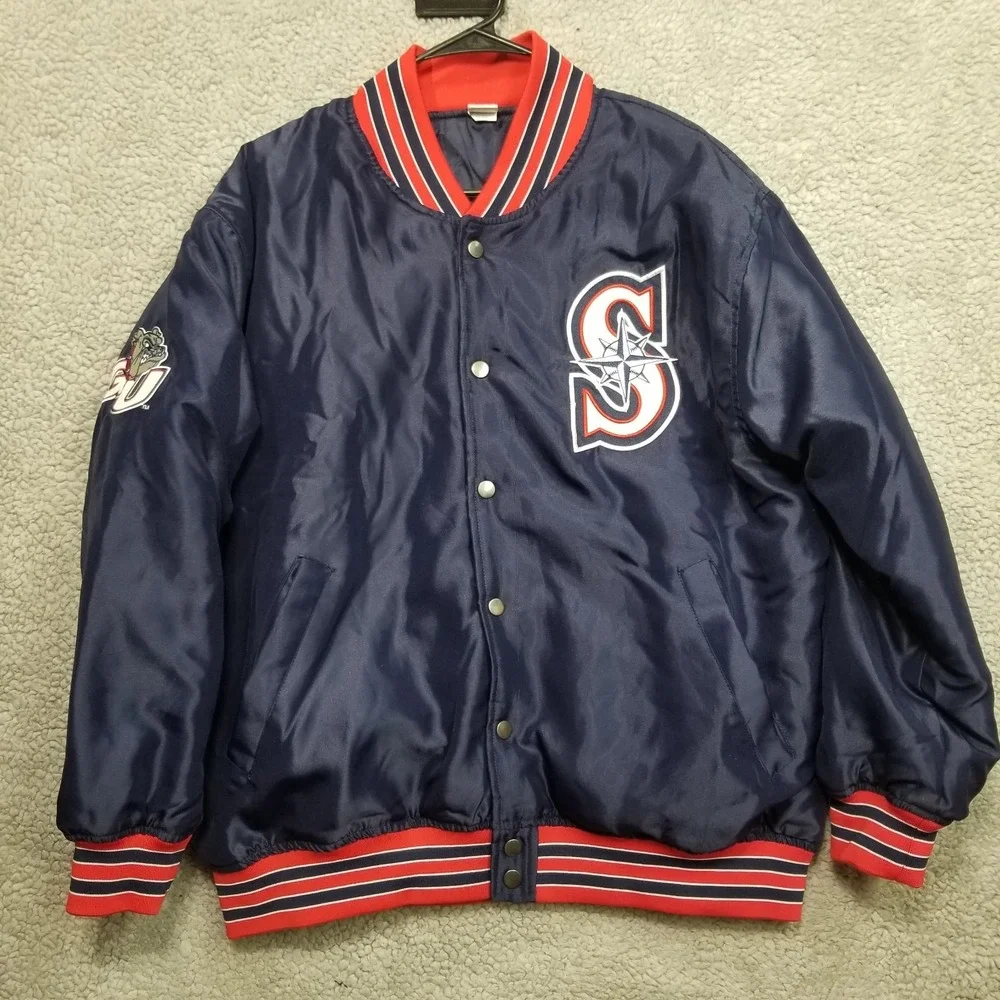 Seattle Mariners Gonzaga Bulldogs Jacket Satin Shiny Bomber Coat Mens Medium
